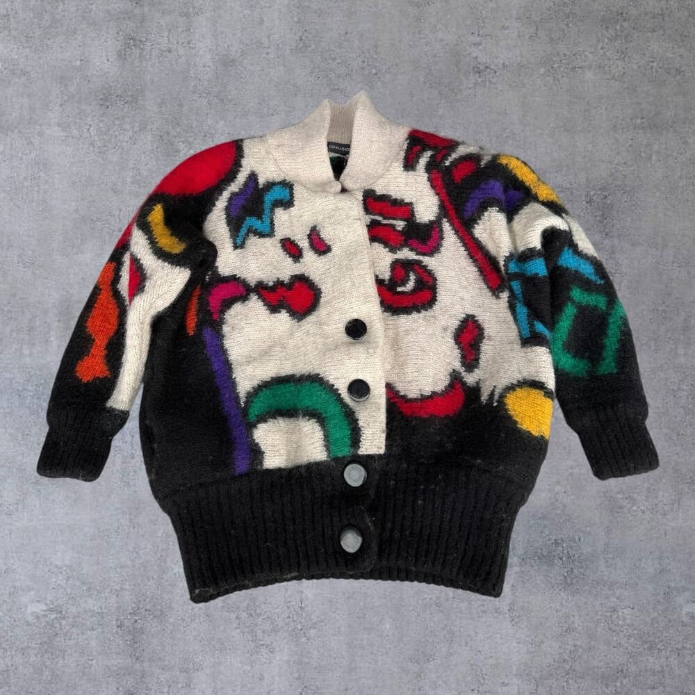 Vintage IB Diffusion Knit Cardigan Sweater Womens Large Abstract Art Graphic 80s